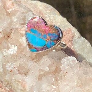 KINGMAN PINK DAHLIA TURQUOISE HEART SHAPED 925 STERLING SILVER RING, SIZE 7.75